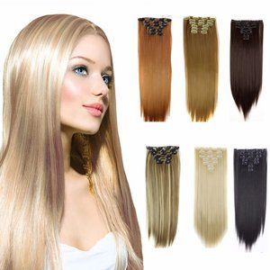 2x Black 24"Long Straight 16 Clips Extensions Hair